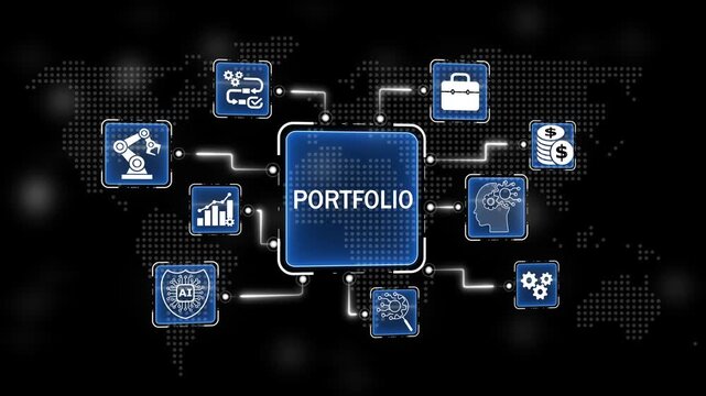 Portfolio System Concept for Business Technology and Digital Information Network. Connected icons scanning concept on world background. 4k video