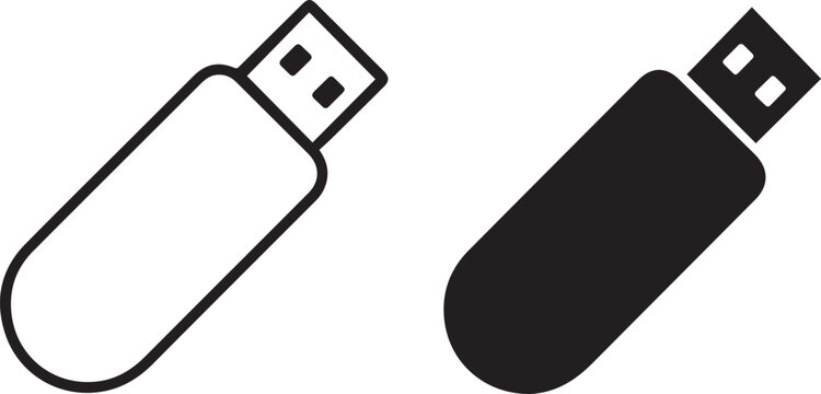 Two usb flash drive icons one white and one black displayed side by side. silhouette vector illustration