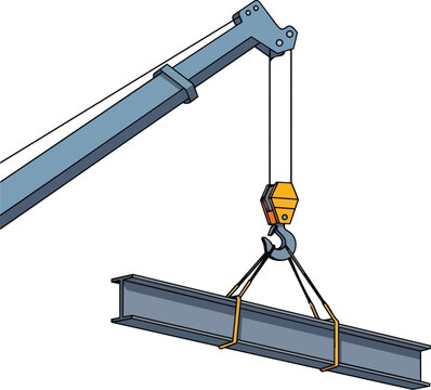 An industrial crane lifts a heavy steel beam with a hook and sling in a factory setting.