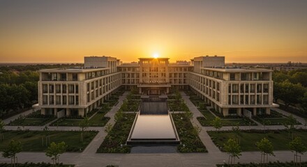 Fototapeta premium Sunset over modern university campus buildings.