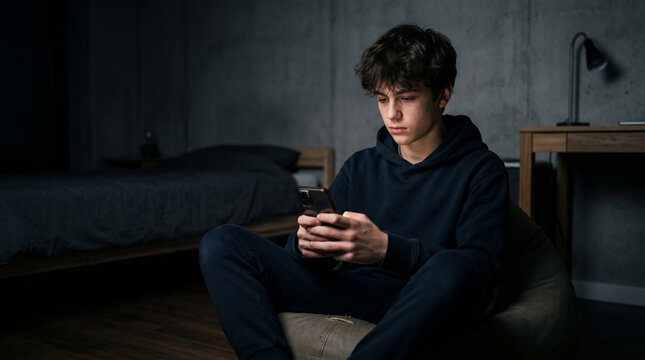 Sad and lonely teenage boy using a smartphone in a dark bedroom, concept of depression or screen addiction.