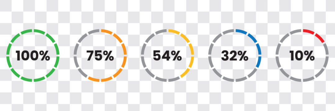 Circular progress percentage ring icons set from 10 to 100 showing loading status and progress levels.