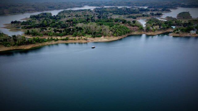 Beautiful Aerial View of Kaptai Lake Boats and Forest Hills Bangladesh 4k
