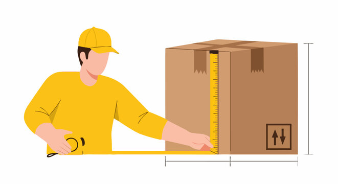 Flat Vector Illustration of a Delivery Worker Measuring a Cardboard Box Dimensions for Shipping and Logistics