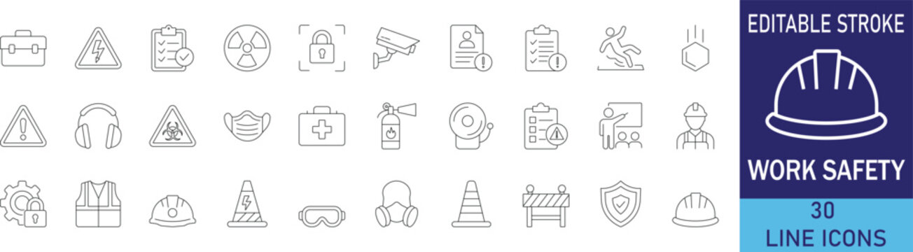 Work safety and industrial health line icon set. Vector symbols for occupational protection, hazard prevention, safety equipment, and workplace security.