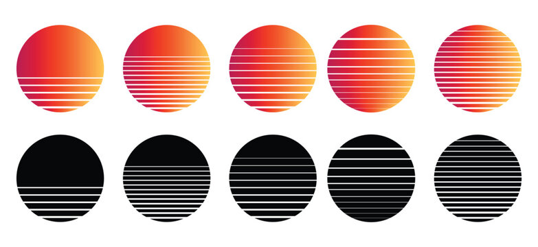 A collection of retro 80s-style sunset and sunrise vector graphics.