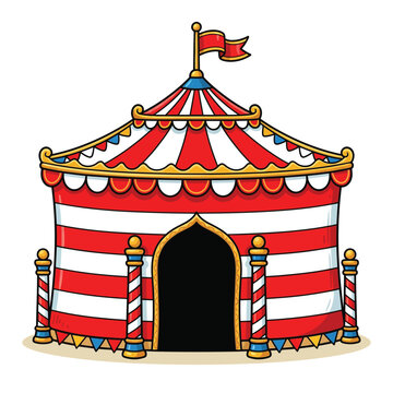 A colorful cartoon illustration of a red and white striped circus tent with a flag on top