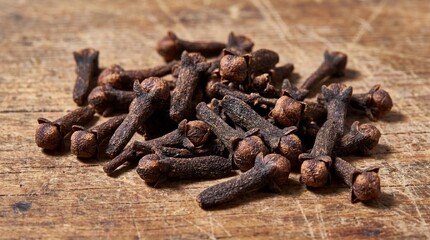 Obraz premium Pile of whole cloves on a wooden surface