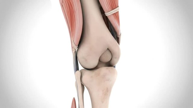Anatomical Visualization of a Human Knee Joint Showing Muscles and Bone Structure Against a White Background