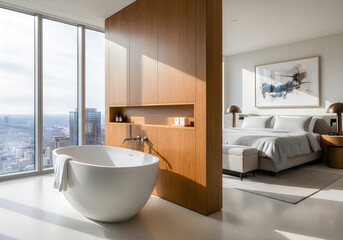 Fototapeta premium Modern luxury bathroom and bedroom with city view and wooden partition