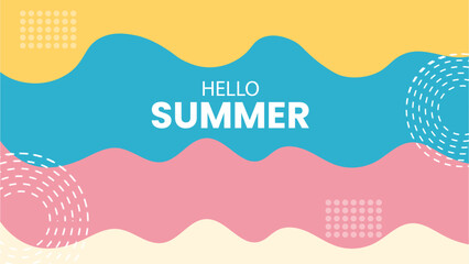 Summer landscape background with colorful waves and abstract geometric elements for seasonal greeting card design template. © lingkon sikder