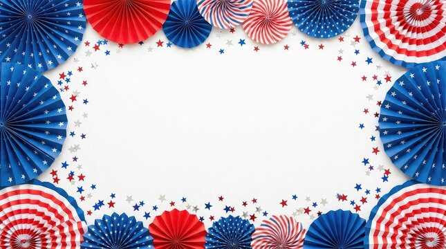 Festive american independence day decorations red white and blue paper fans confetti border
