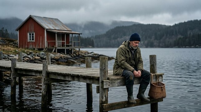 An older fisherman sits dejectedly on a weathered pier, reflecting the heavy quiet of isolation and the weary weight of a life shaped by the cold, unforgiving rhythm of the sea.