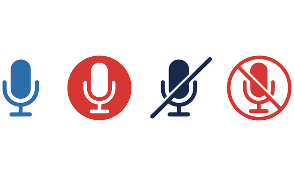 Microphone mute and unmute audio control icons set for video conferencing and digital communication platform interfaces