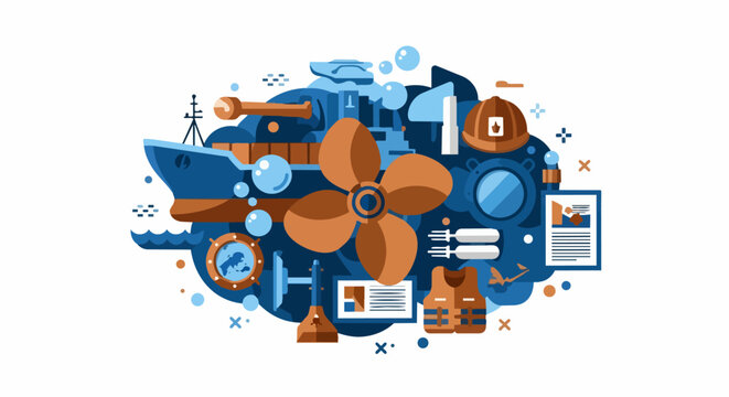 Maritime Industry and Global Shipping Logistics Flat Vector Illustration with Cargo Ship, Propeller, and Nautical Equipment