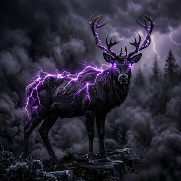 Powerful stag with glowing purple lightning effects and antlers in a dramatic stormy forest landscape fantasy art lightning mystical wildlife majestic electric dramatic mythical creature