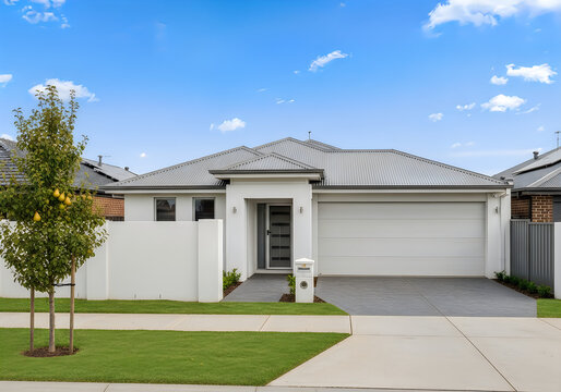 Modern single story house with gray roof and white walls and garage