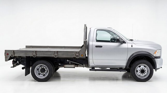 Silver pickup truck with flatbed utility cargo trailer