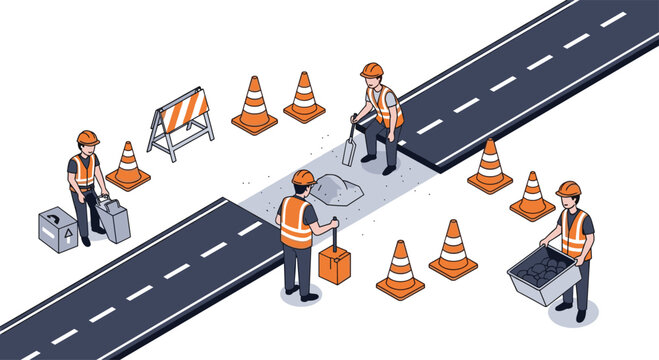 Construction workers wearing high-visibility orange vests perform asphalt road repair maintenance on a sunny surface with traffic cones arranged around the work zone.