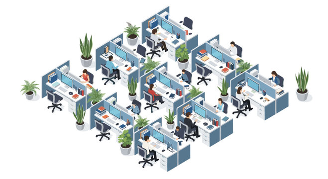 Organized rows of individual work cubicles with light blue partition walls and indoor greenery create a structured corporate office environment in a clean isometric illustration.