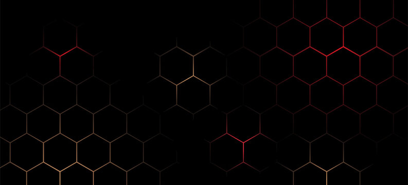 Black hexagonal technology abstract vector background with red and orange colored bright flashes under hexagon. Hexagonal gaming vector abstract background.