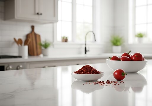 A small white bowl filled with aleppo pepper flakes placed next to fresh whole red chili peppers on a clean marble kitchen countertop in a bright room