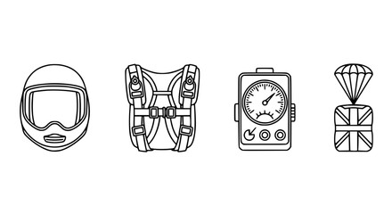 Set of skydiving and extreme sports equipment icons featuring safety helmet parachute backpack altimeter gauge and air drop cargo in thin line vector style. © Sujon Shah
