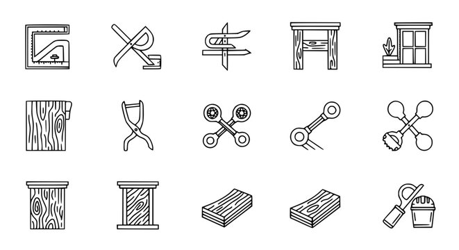 Woodworking joinery and carpentry technique line icons featuring mortise tenon joints timber textures wooden frames and craft assembly methods for furniture making vector illustration.