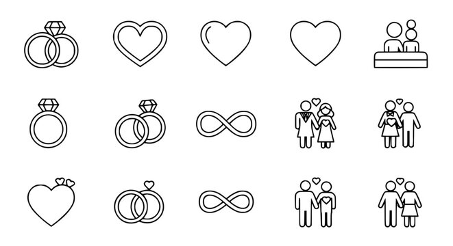 Wedding and engagement line icon set featuring diamond rings heart shapes infinity symbol and bride and groom characters for marriage and romance vector illustration.