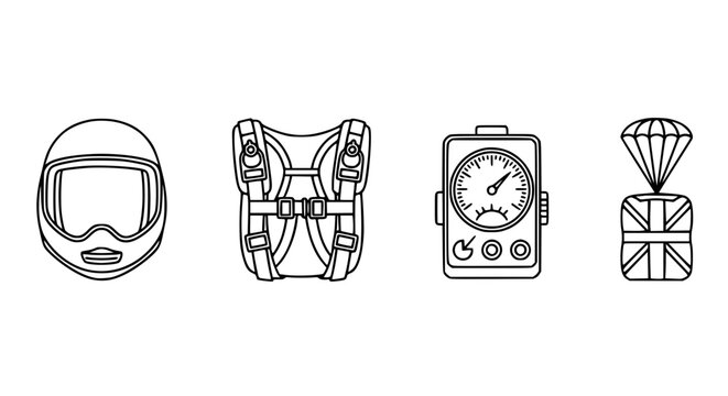 Set of skydiving and extreme sports equipment icons featuring safety helmet parachute backpack altimeter gauge and air drop cargo in thin line vector style.