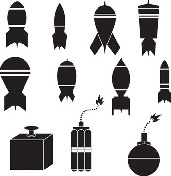 Black weapon icons set including missiles grenades and TNT explosive elements