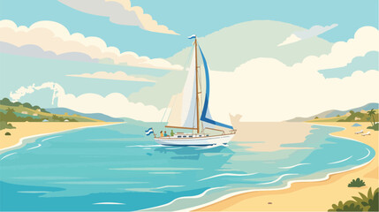 Naklejka premium Seascape Sailing Yacht Panorama Summer Beach Vacation Cartoon Vector Illustration