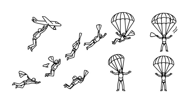 Skydiver jumping from airplane and parachute opening sequence featuring free fall maneuvers and controlled landing for extreme sports and adventure vector illustration.
