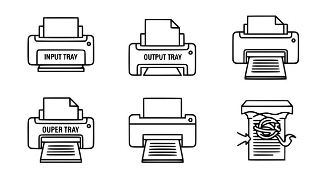 Office printer hardware icons showing input and output tray components paper shredding process and document printing for business administration vector illustration.
