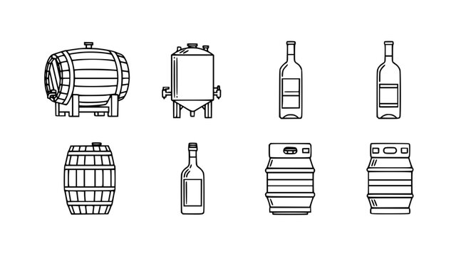 Professional winemaking and brewery production equipment set featuring wooden barrels fermentation tanks glass bottles and metal beer kegs for distillery industry vector illustration.