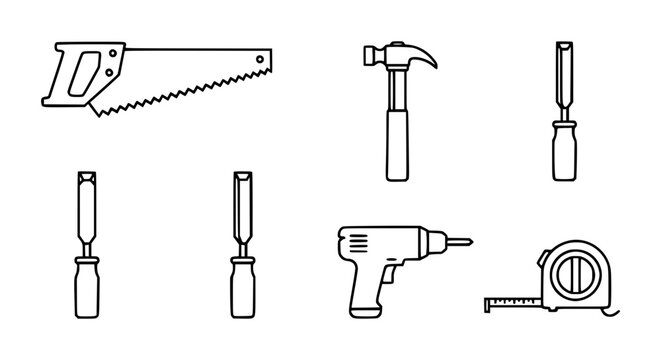 Essential carpentry hand tools and construction equipment set featuring hand saw hammer wood chisels electric power drill and measuring tape vector illustration.