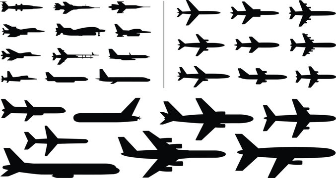 Airplane silhouette set with commercial aircraft side and top views for aviation and transportation design