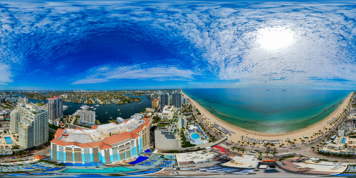 Hotels on Fort Lauderdale Beach Florida with elevated views of the sea. Aerial 360 equirectangular photo