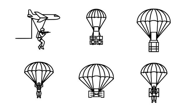 Military and emergency air drop cargo parachute line icon set featuring skydivers jumping from airplane and package delivery systems vector illustration.