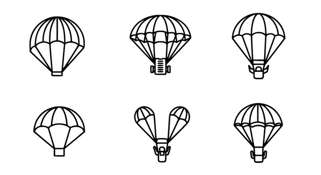 Set of parachute line icons featuring various round parachutes and cargo delivery systems for skydiving and extreme sports vector illustration.