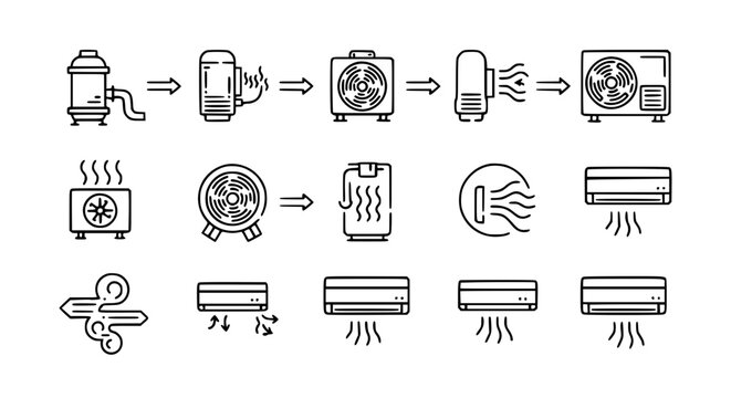 Air conditioning system and cooling process sequence line icons featuring split units outdoor condensers fans and airflow direction for climate control vector illustration.