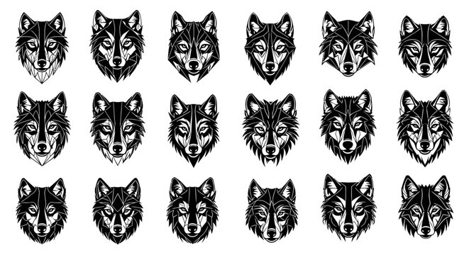 Collection of 20 unique wolf head illustrations in black and white various expressions and fur textures on white background