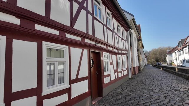 Cinematic View Of Traditional Half Timbered Houses In Historic Fulda
