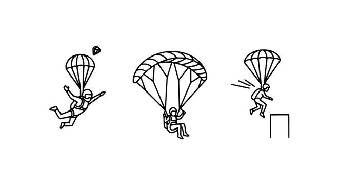 Parachute jumping and skydiving sequence illustration featuring skydivers in free fall, gliding with parachutes, and landing on target line art vector icons.