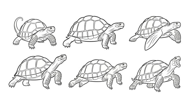 Tortoise drawing set, collection of hand-drawn turtles in various poses
