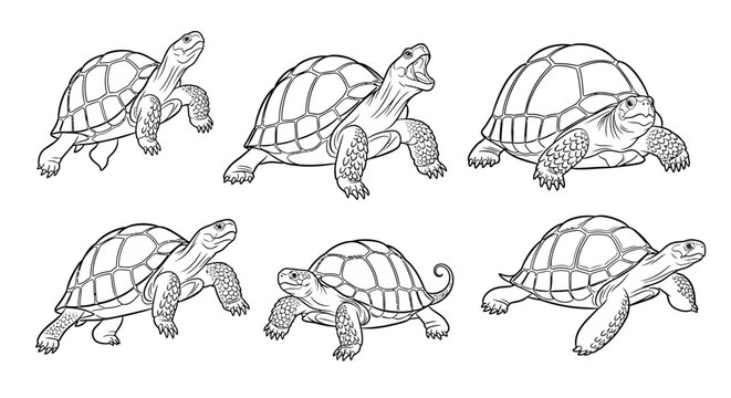 Turtle set, hand drawn black and white vector illustration