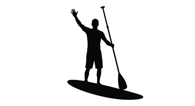 Stand up paddleboarding silhouette of a man with raised arm on a surfboard silhouette high quality professional detailed modern elegant stylish