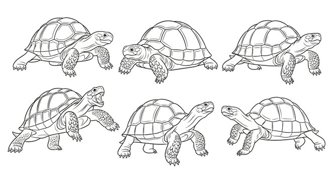 Tortoise sketches, set of six hand-drawn ink illustrations of turtles