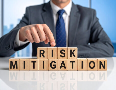 Risk Mitigation - Geschäftsmann zeigt auf den Text "Risk Mitigation"
