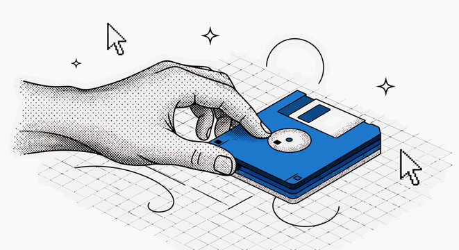 Hand holding a blue floppy disk with cursors and stars.
